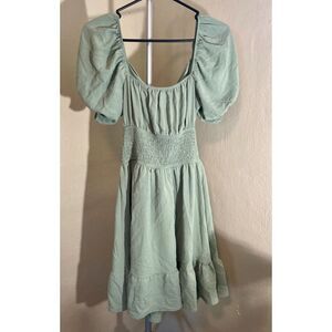Hesperus Sage Green Smocked Waist Puff Sleeve Mini Dress Cut Out Back Size S